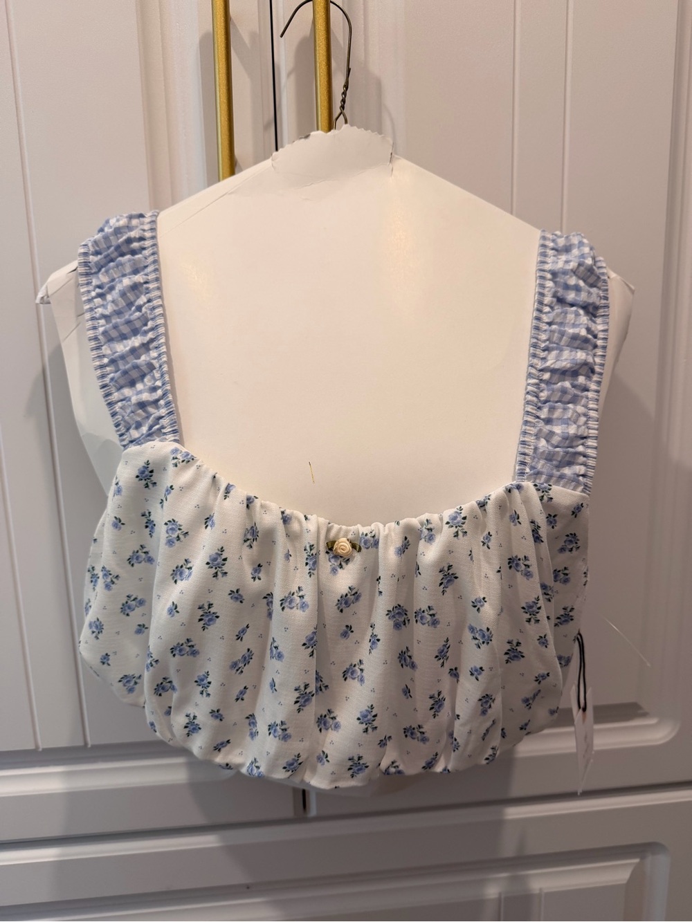 Blue Floral Smocked Strap Cropped Top